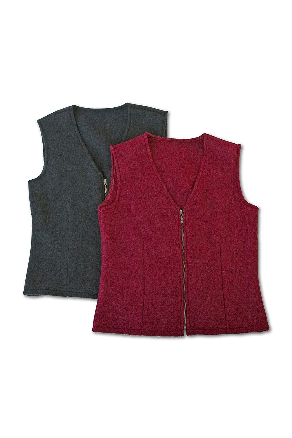 dunkelgraue und rote kurzärmelige Weste als Beispiel für Wollstoff aus bio Wolle (kbT)