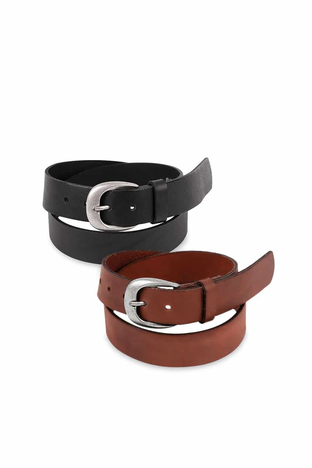 Damengürtel brauner und schwarzer Damengürtel aus pflanzlich gegerbtem Rindsleder aufgerollt mit silberner Schnalle