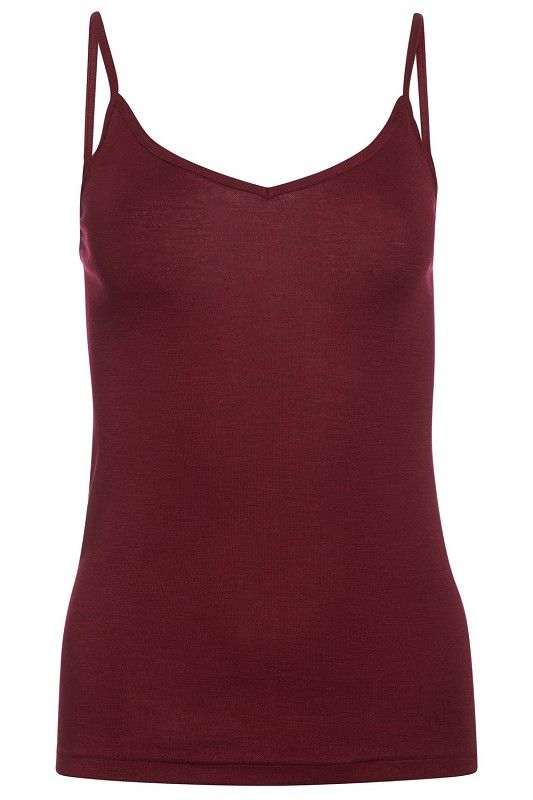 Spaghettiträgertop aus bio Wolle (kbT) und Seide für Frauen in bordeaux, Freisteller von vorne