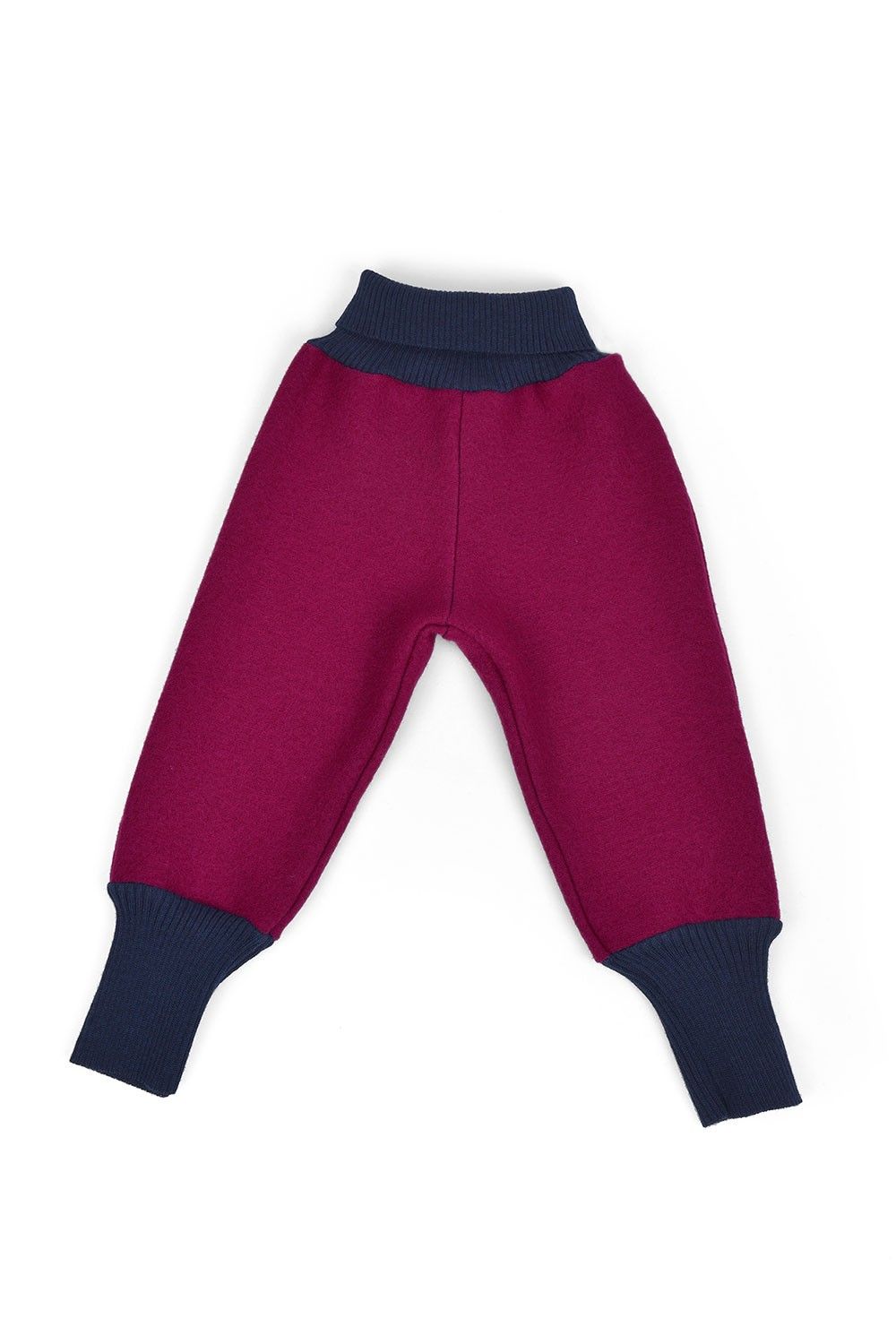 fuchsiafarbene Kinder Walkhose aus bio Wolle (kbT) vom Finkhof mit breitem Bündchen, Freisteller hinten