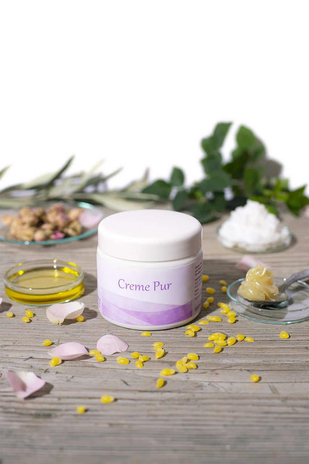 Creme Pur 100 ml Creme Pur 100 ml im geschlossenen Glastiegel vom Finkhof – Naturkosmetik mit Wollwachs & Olivenöl