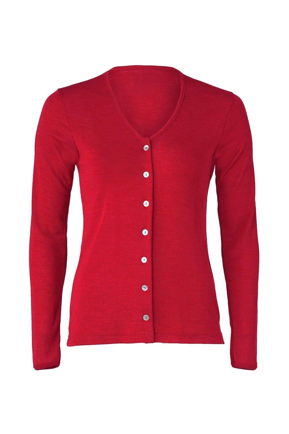 roter Cardigan aus bio Wolle (kbT) und Seide mit Knöpfen, Freisteller
