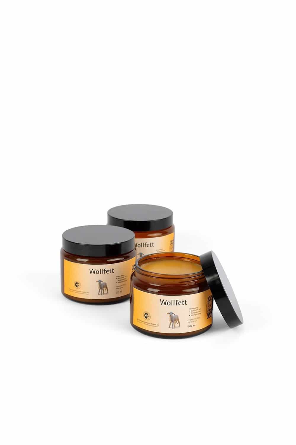 Finkhof Wollfett in braunen 500ml Glastiegeln