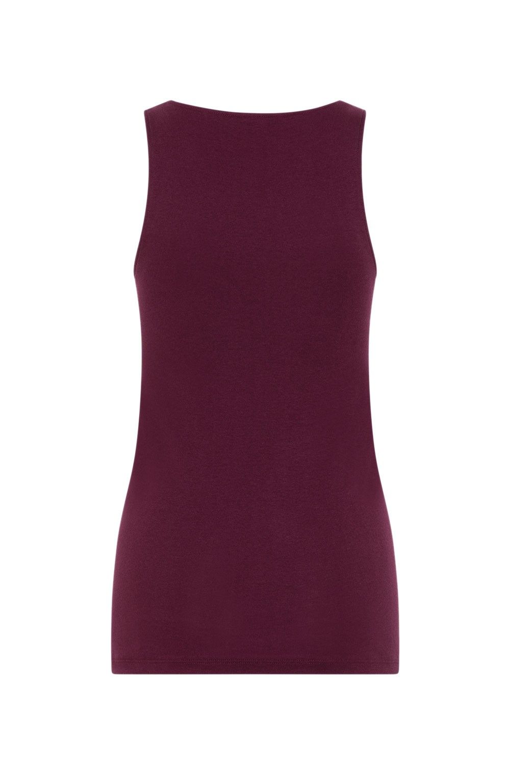 burgunderrotes Damen Achselhemd mit breiten Trägern aus bio Baumwolle (kbA), Freisteller von hinten