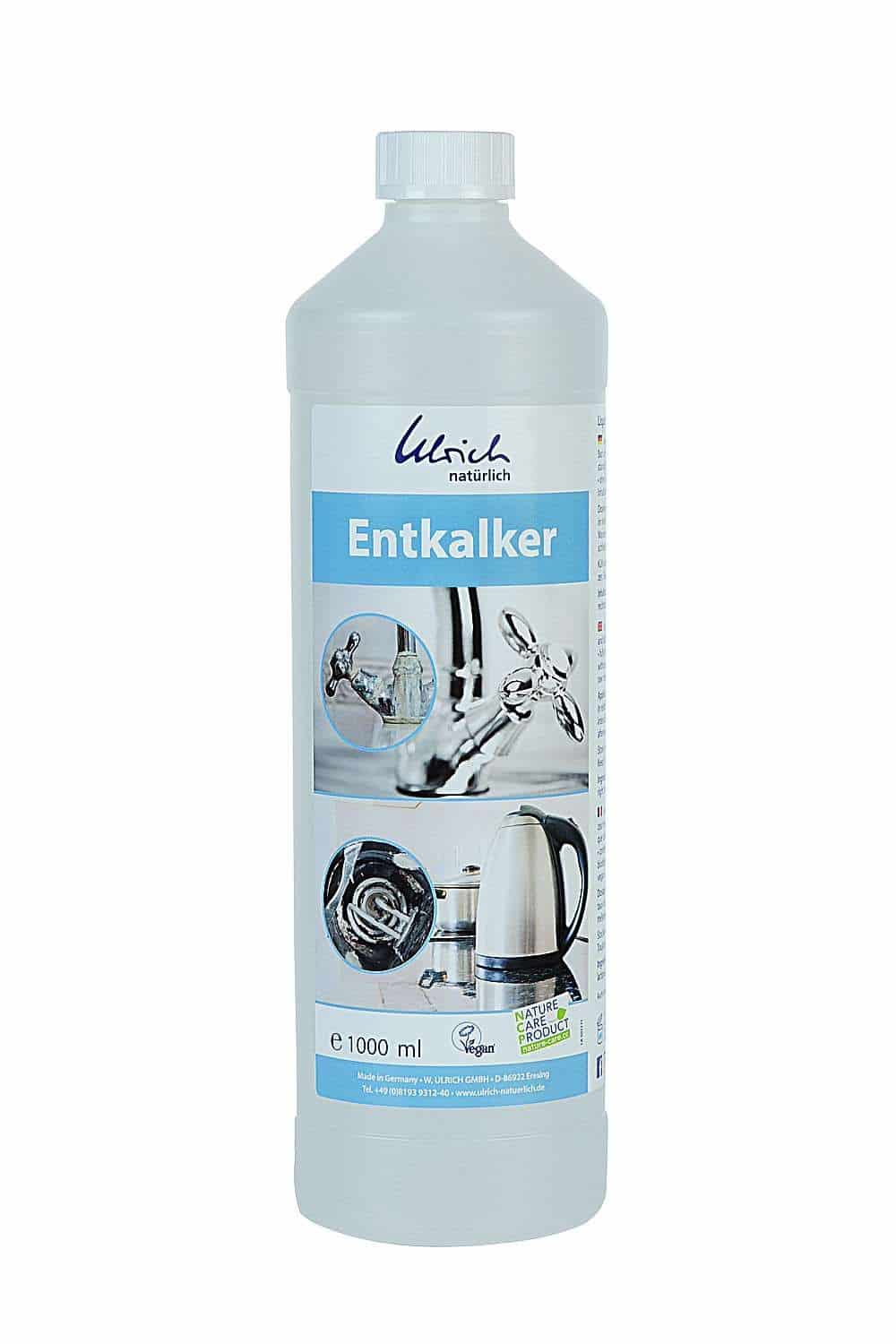 Entkalker aus Milchsäure in 1000 ml Flasche mit weiß blauem Etikett, Freisteller