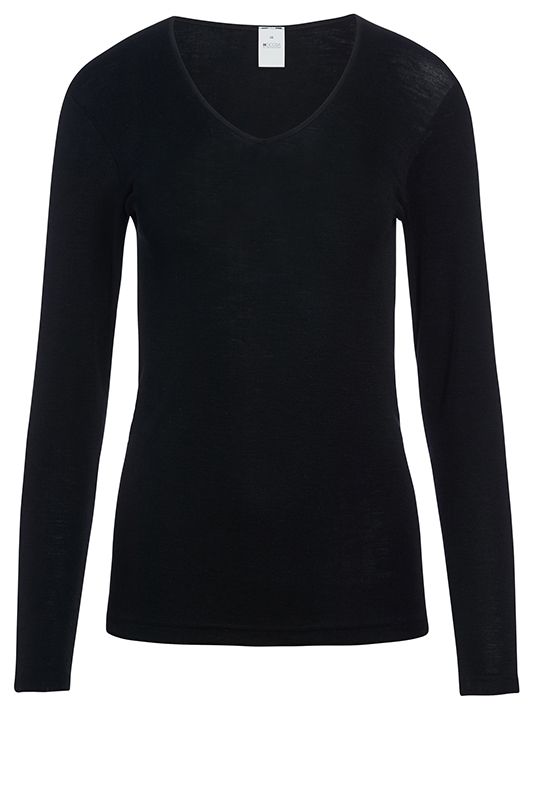 schwarzes Langarmshirt aus bio Wolle (kbT) und Seide mit V Ausschnitt, Freisteller von vorne