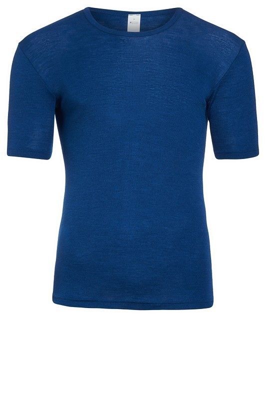 dunkelblaues Kurzarmshirt aus bio Wolle (kbT) und Seide für Herren, Freisteller von vorne