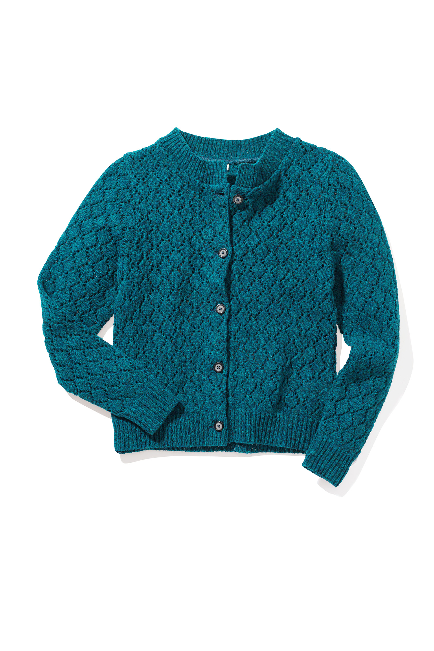 seeblaue Damenstrickjacke mit Ajourmuster aus Bio-Wolle vom Finkhof, Freisteller
