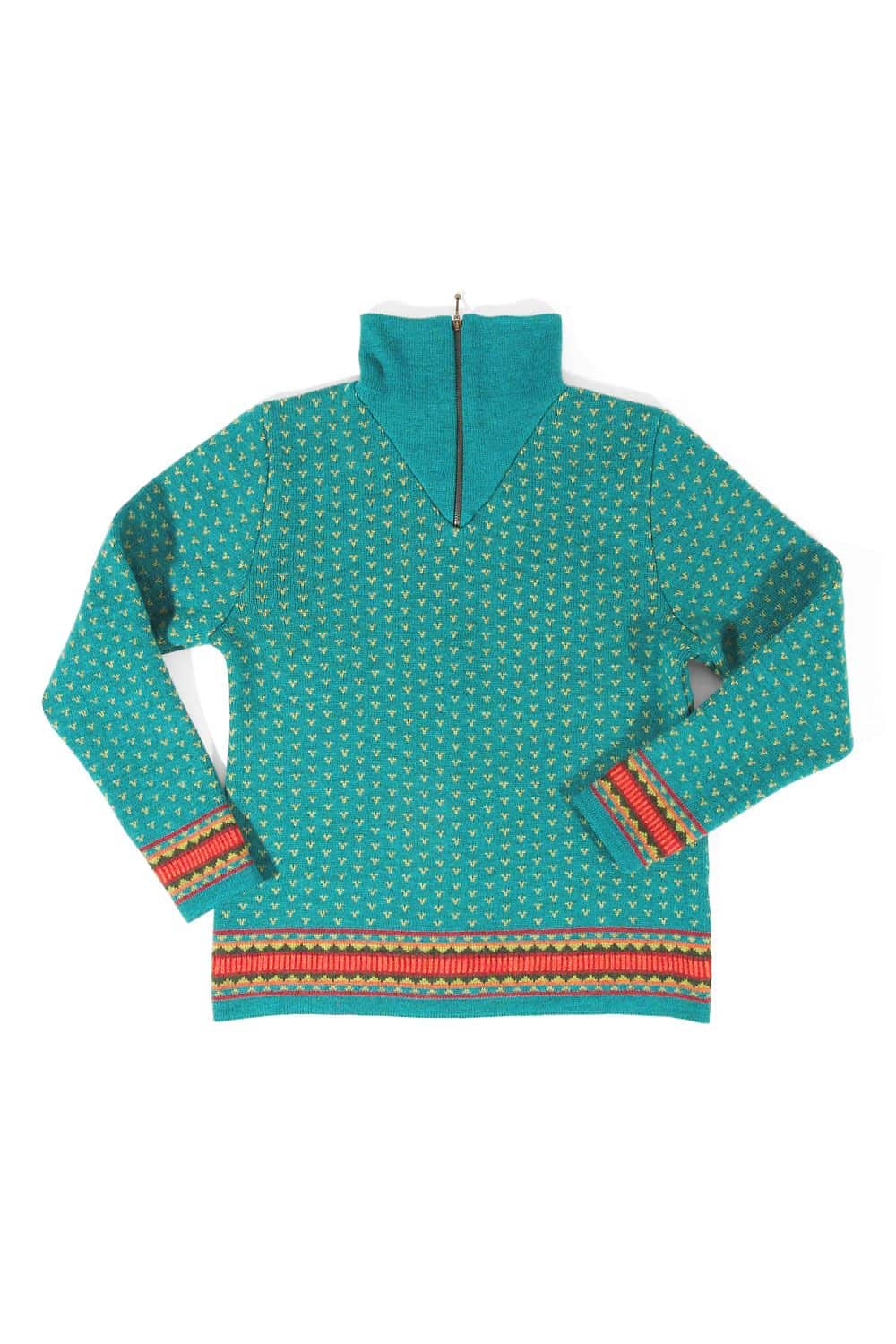 türkiser Norweger Troyer aus bio Wolle (kbT), Freisteller von vorne