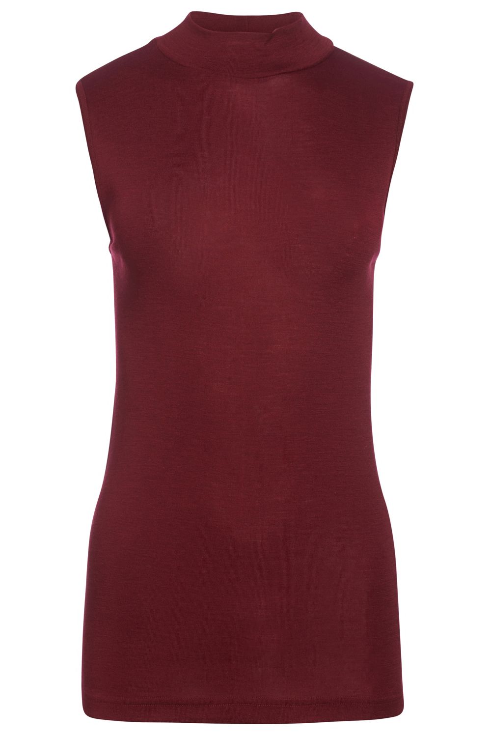 bordeauxrotes Top mit Stehkragen aus bio Wolle (kbT) und Seide, Freisteller