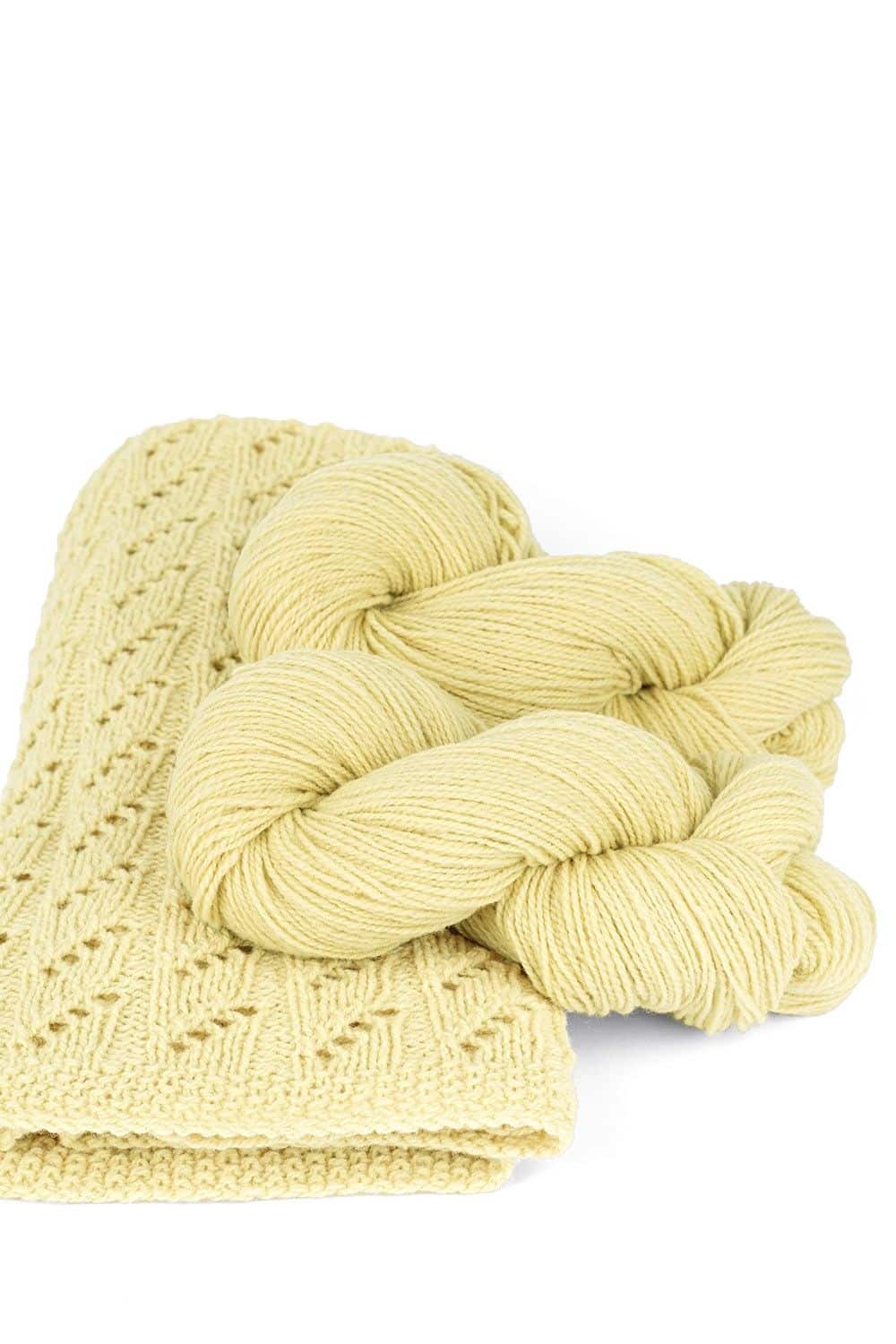 dicke pastellgrüne Finkhof Merinowolle aus bio Wolle (kbT) mit Strickstück davor, weißer Untergrund