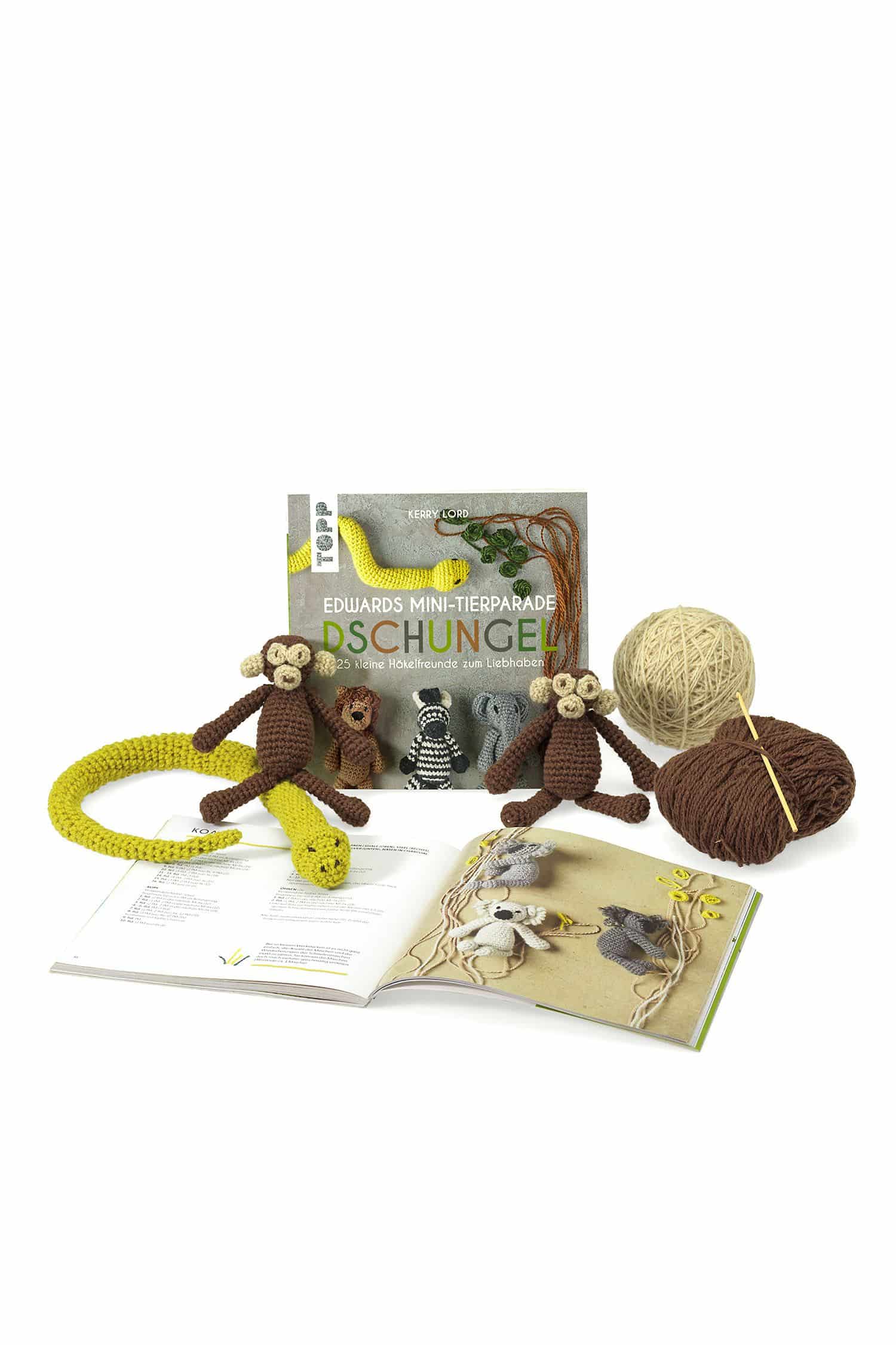 Edwards Mini-Tierparade. Dschungel: 25 kleine Häkelfreunde zum Liebhaben Buch ,,: Edwards Mini-Tierparade. Dschungel" auf Bild mit Wollen, Affen und Schlangen