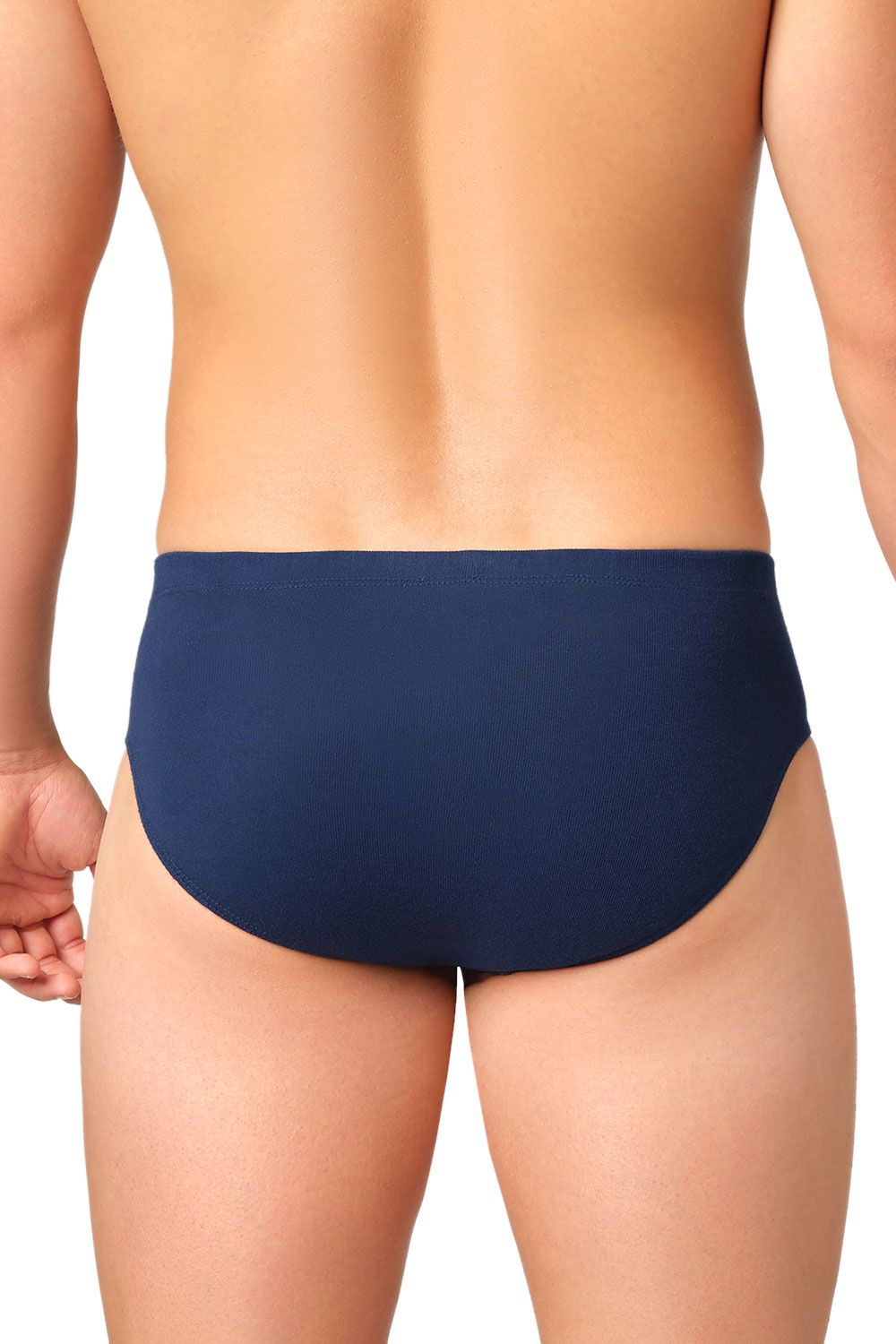 Mann trägt marineblauer Slip aus bio Baumwolle (kbA), von hinten