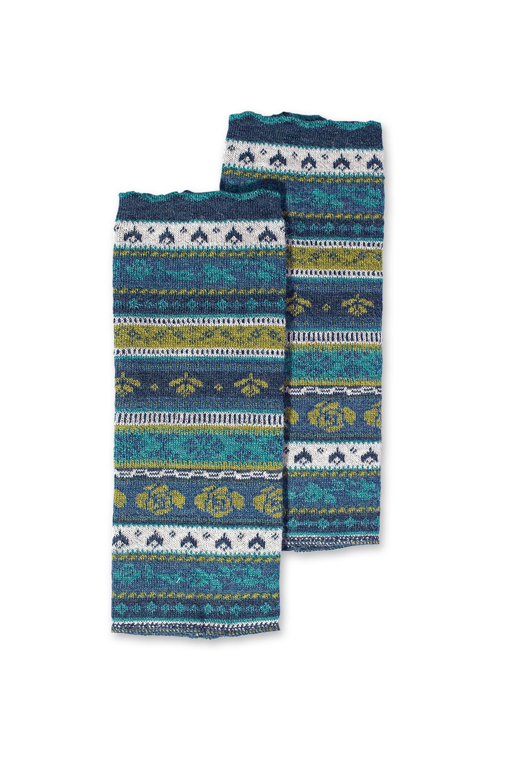 Paar blau grün gemusterte Beinstulpen aus bio Wolle (kbT), Freisteller
