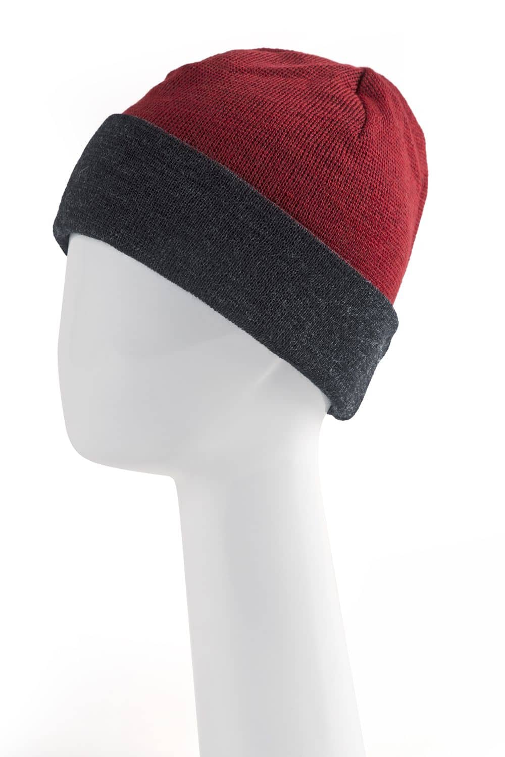 Wendemütze in anthrazit/ rot aus bio Wolle (kbT) vom Finkhof auf einem Puppenkopf mit rot nach außen