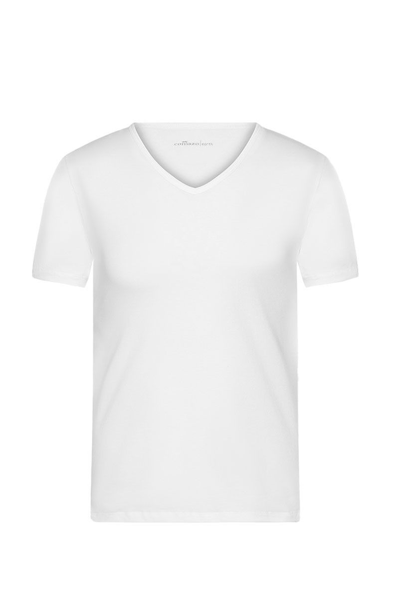 weißes Kurzarmshirt aus bio Baumwolle (kbA) und Elasthan mit V Ausschnitt, Freisteller von vorne