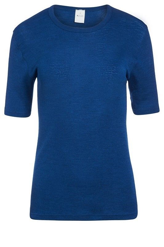 dunkelblaues Kurzarmshirt aus bio Wolle (kbT) und Seide für Frauen, Freisteller von vorne