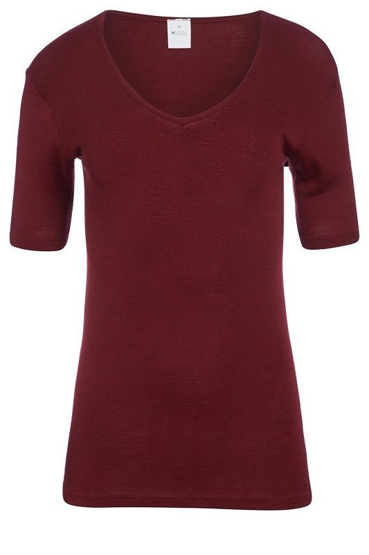 bordeauxrotes Kurzarmshirt aus bio Wolle (kbT) und Seide mit V Ausschnitt, Freisteller