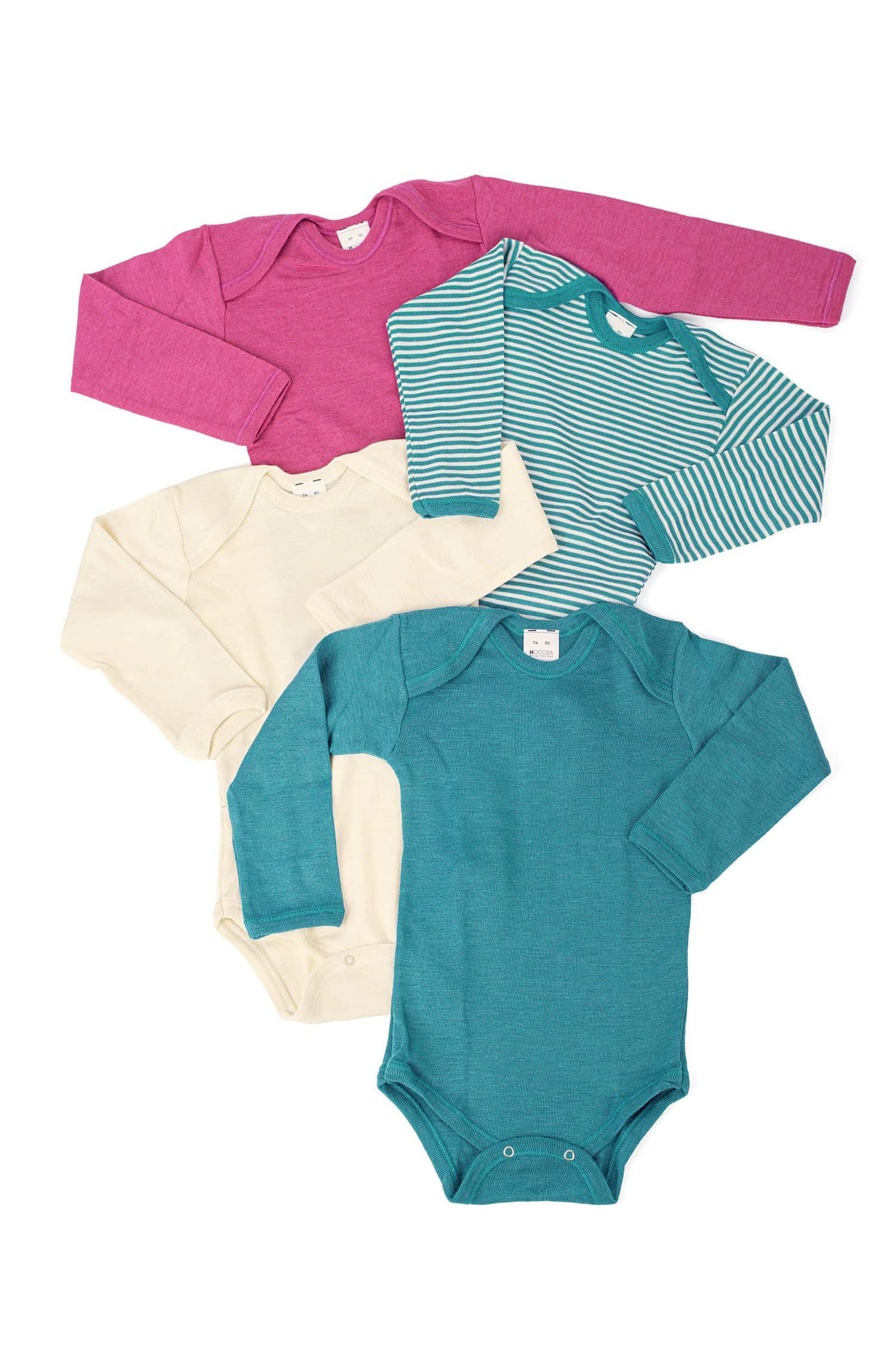 Wolle-Seide Body Langarm langarm Bodys aus einem Wolle (kbT) und Seide Mix liegen in verschiedenen Farben übereinander