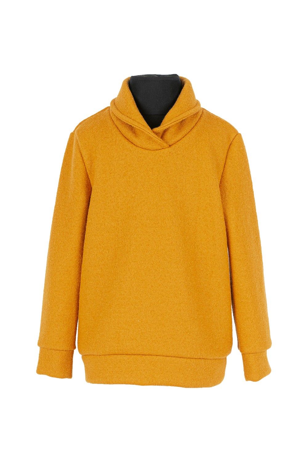 selbstgenähter Hoodie aus gelbem Feinstrick Stoff aus bio Wolle (kbT)