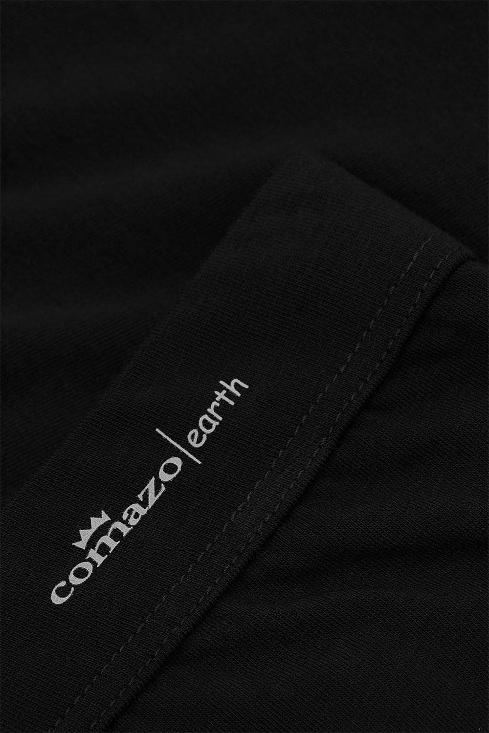 Detailaufnahme vom Druck des Firmennamens auf schwarzer Unterhose aus bio Baumwolle (kbA) und Elasthan