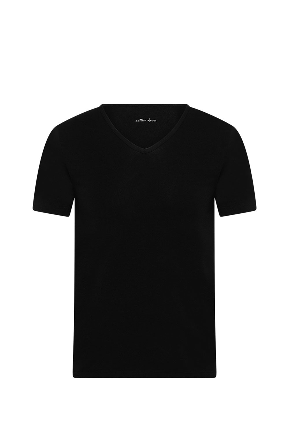 schwarzes Kurzarmshirt aus bio Baumwolle (kbA) und Elasthan mit V Ausschnitt, Freisteller von vorne