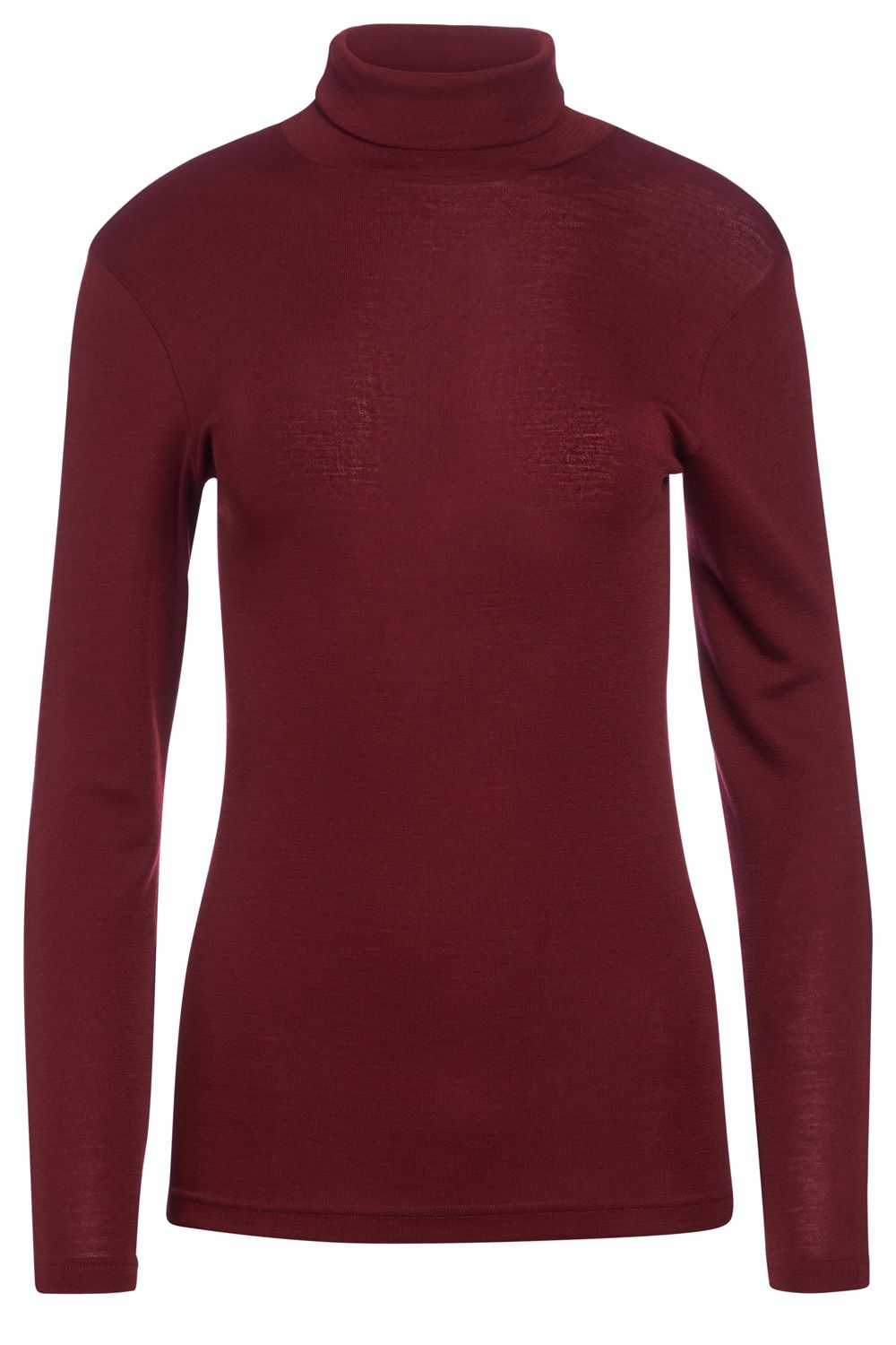 bordeauxrotes Unterziehshirt mit Rollkragen aus bio Wolle (kbT) und Seide, Freisteller