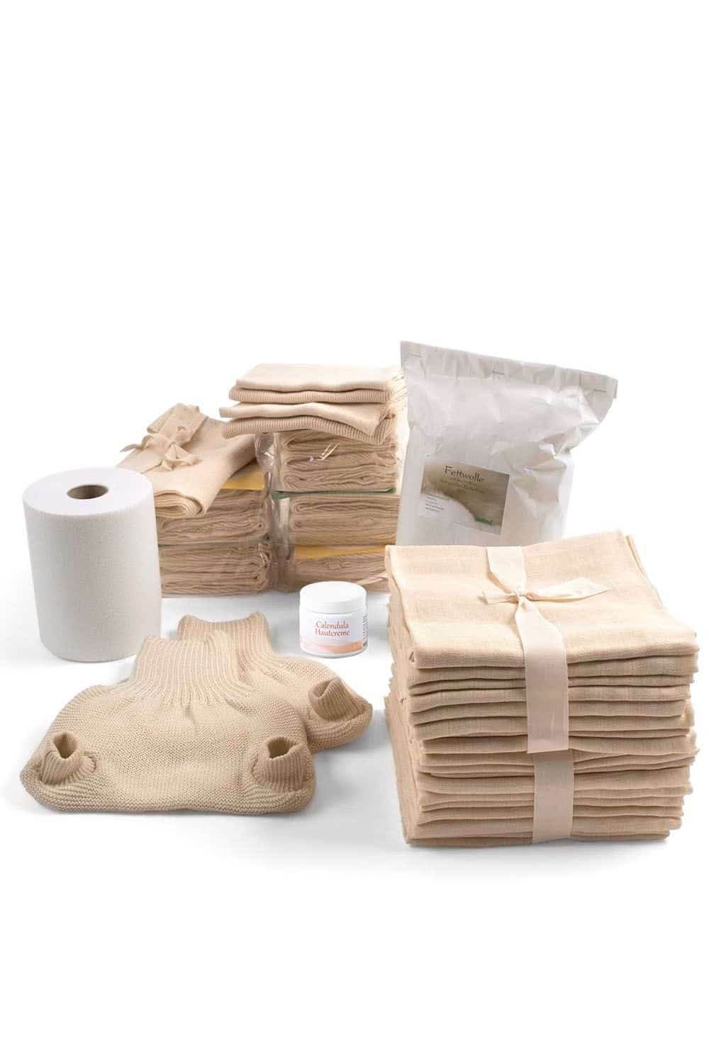 Finkhof Wickelset mit Strickwindeln, Mullwindeln, Windelhosen, Fettwolle , Windelvlies und Calendula Creme