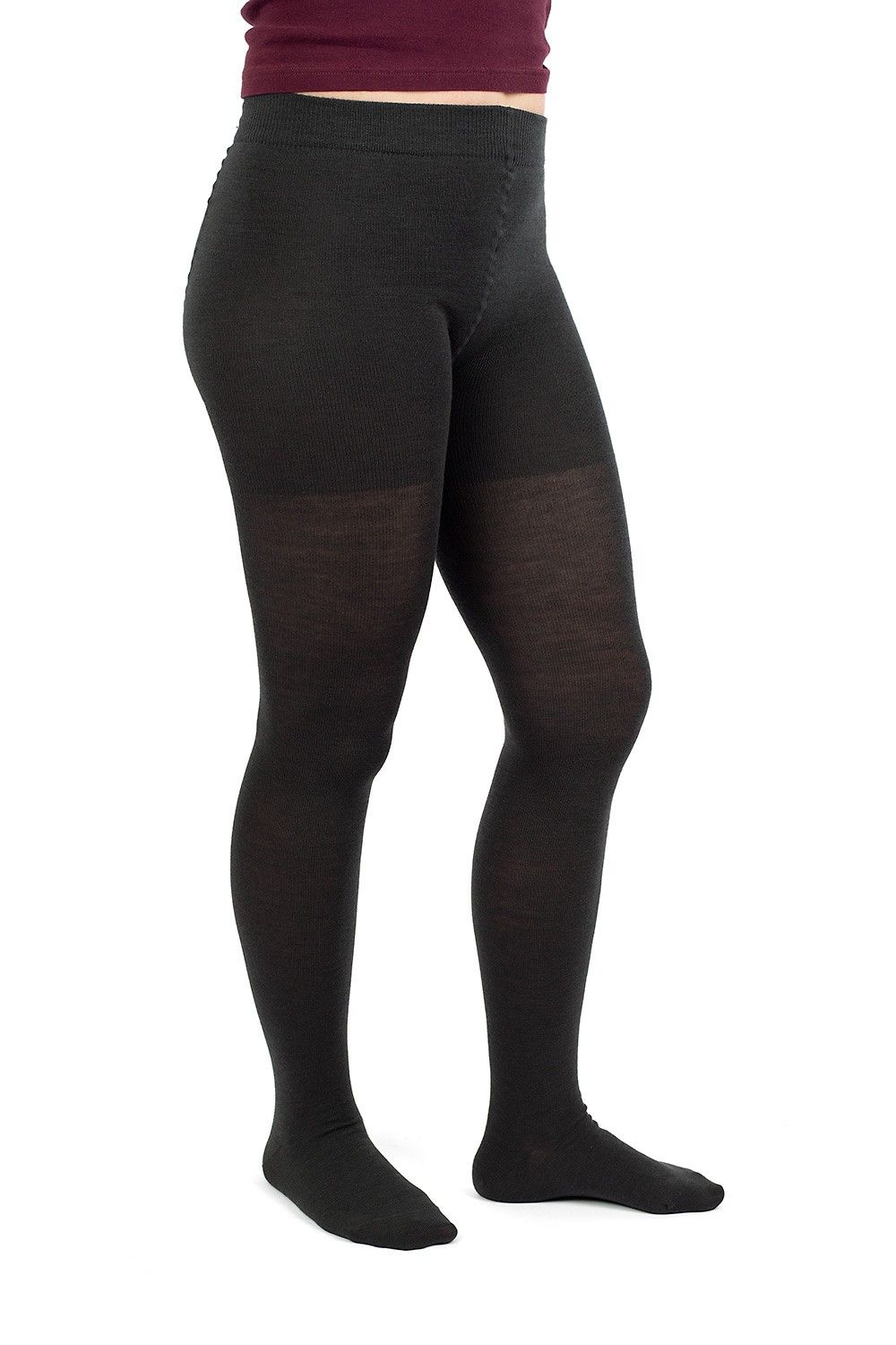 warme anthrazitgraue Strumpfhose aus bio Wolle (kbT), bio Baumwolle (kbA) und Elasthan vom Finkhof, getragen von der Seite