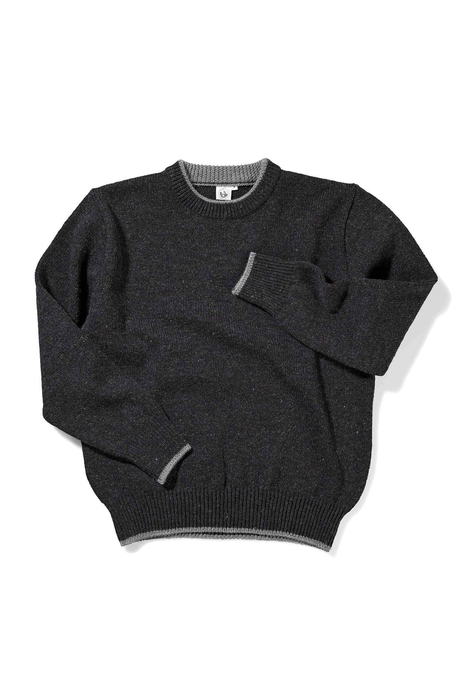 dunkelgrauer Finkhof Pulli aus bio Wolle (kbT) mit hellgrauen Bündchen, Freisteller