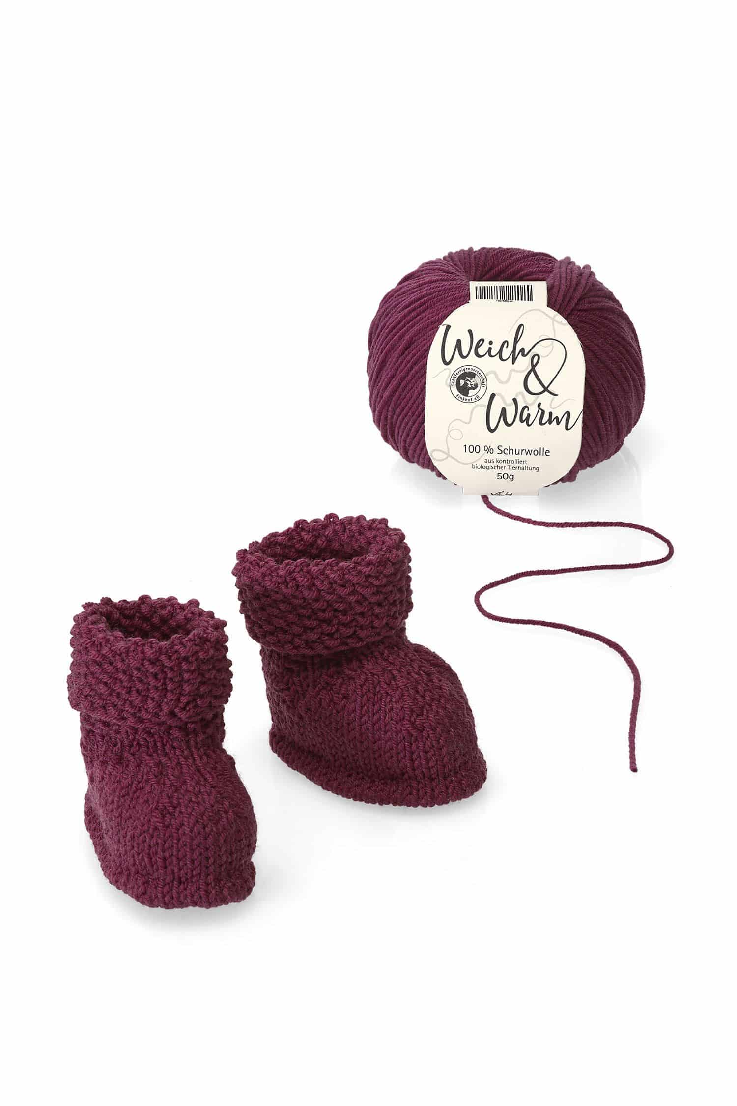 Finkhof Merinowolle Weich&Warm in weinrot aus bio Wolle (kbT) als Knäul mit Babyschuhen