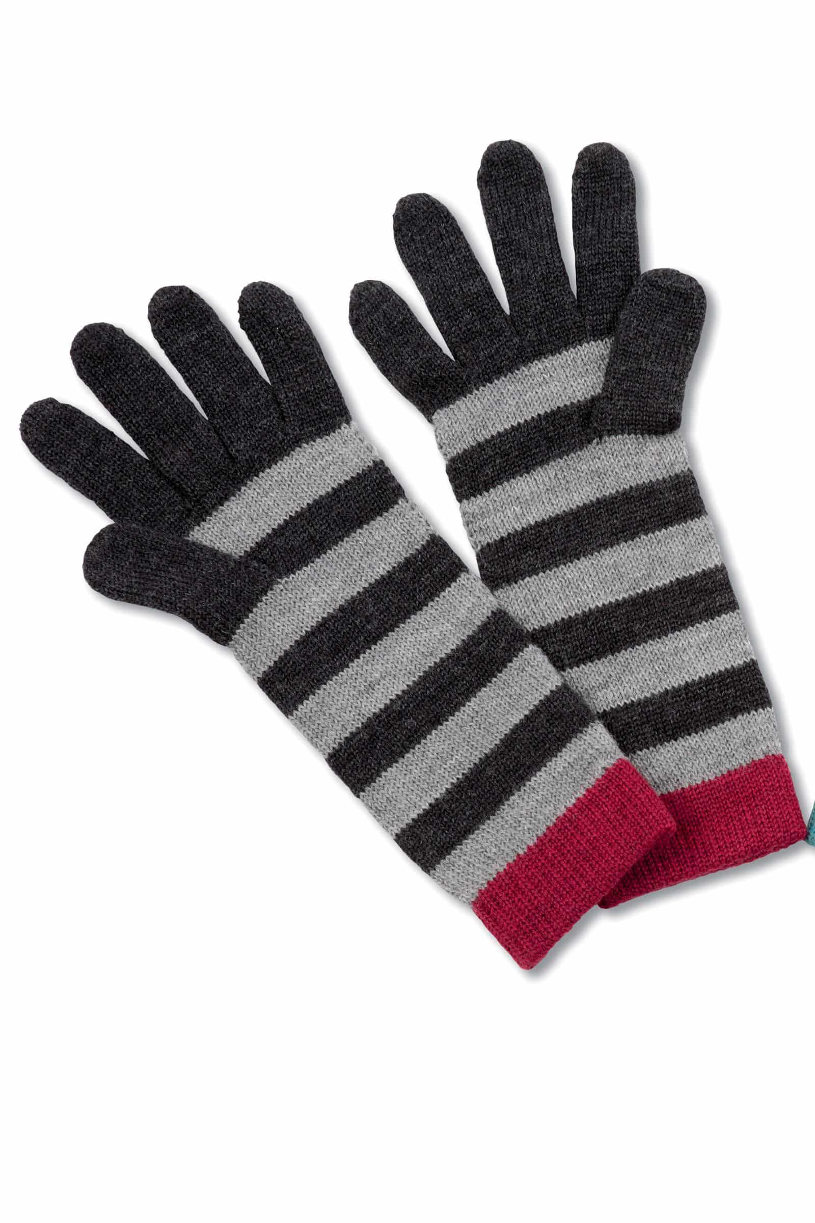 gestreifte Handschuhe in dunkelgrau/rot aus bio Wolle (kbT) vom Finkhof