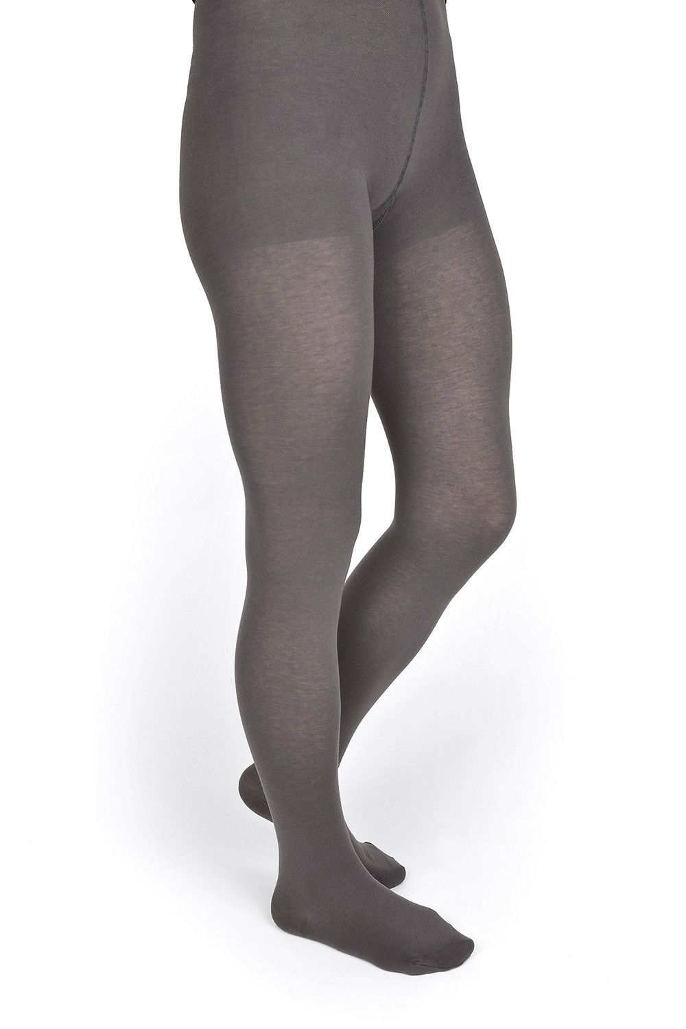 graue Feinstrumpfhose aus bio Baumwolle (kbA) und Elasthan vom Finkhof, getragen von der Seite