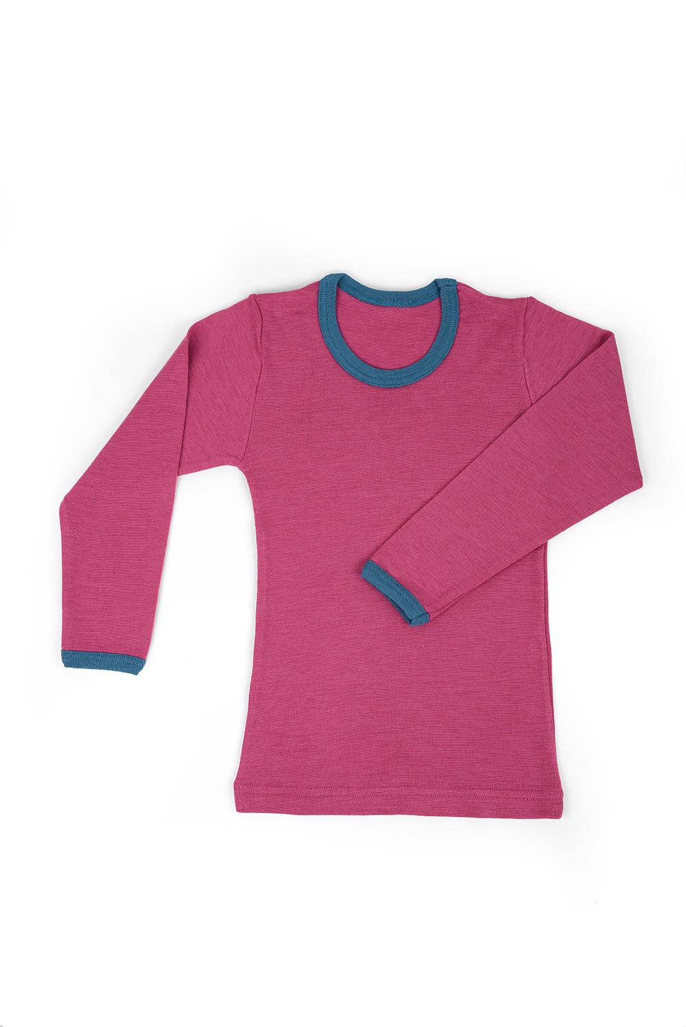 hellgrünes Langarmshirt mit türkisem Kragen aus bio Wolle (kbT) und Seide, Freisteller