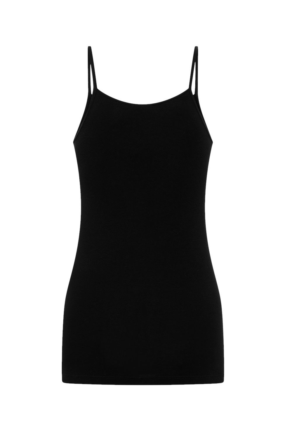 schwarzes Unterhemd mit Spaghettiträgern aus bio Baumwolle (kbA), Freisteller von hinten