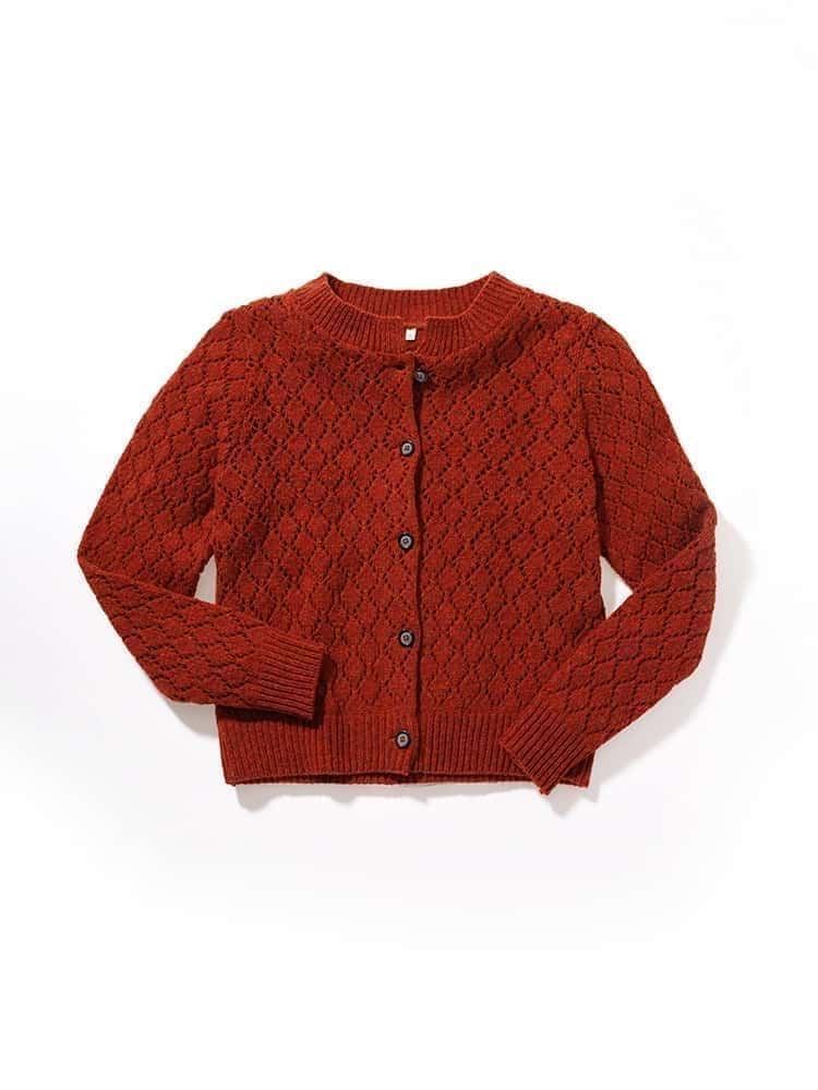 Strickjacke mit Ajourmuster in erdigem Rot mit Knopfleiste aus Bio-Wolle vom Finkhof, Freisteller