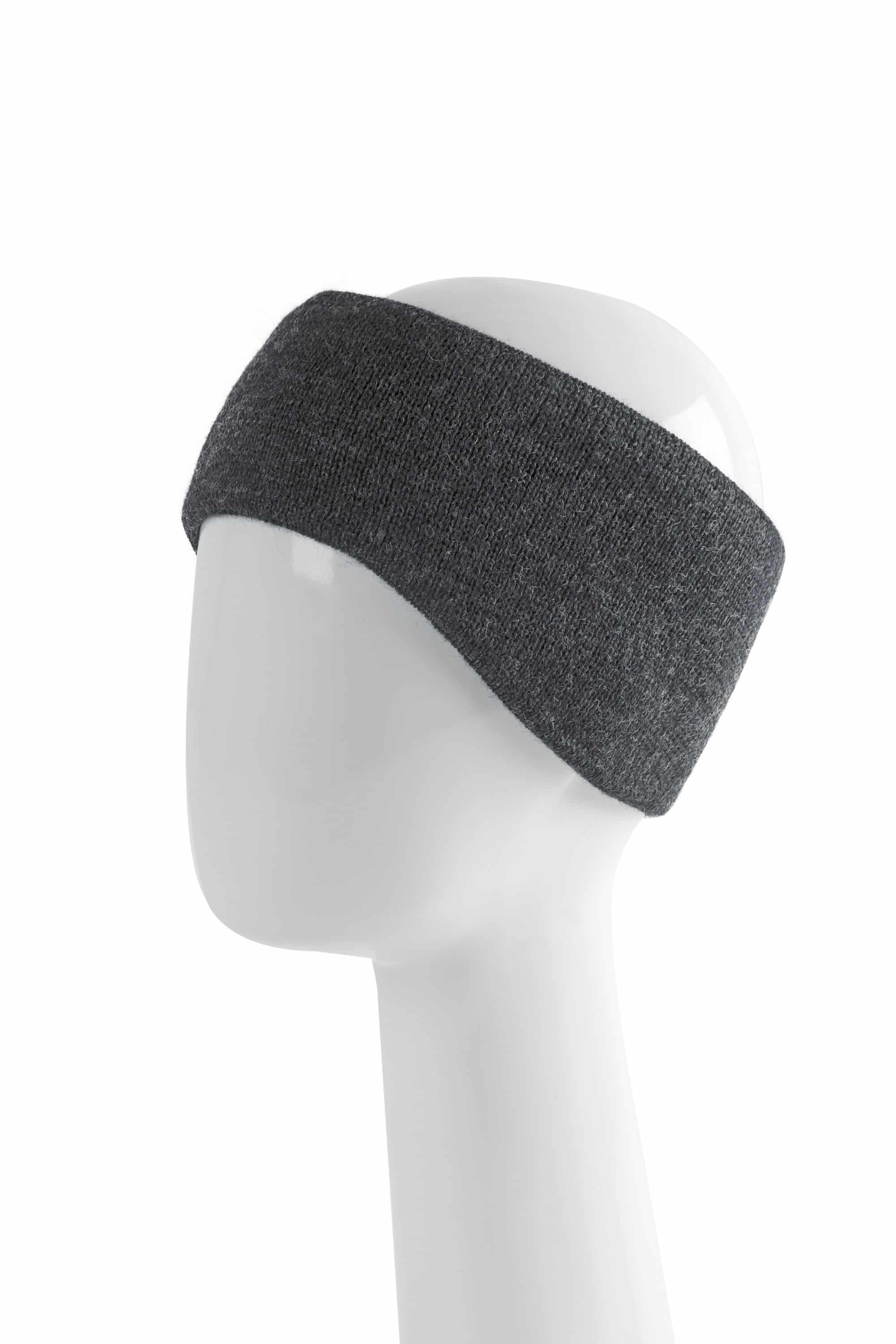 warmes anthrazitgraues Stirnband vom Finkhof aus bio Wolle (kbT) vom Finkhof auf einem Puppenkopf