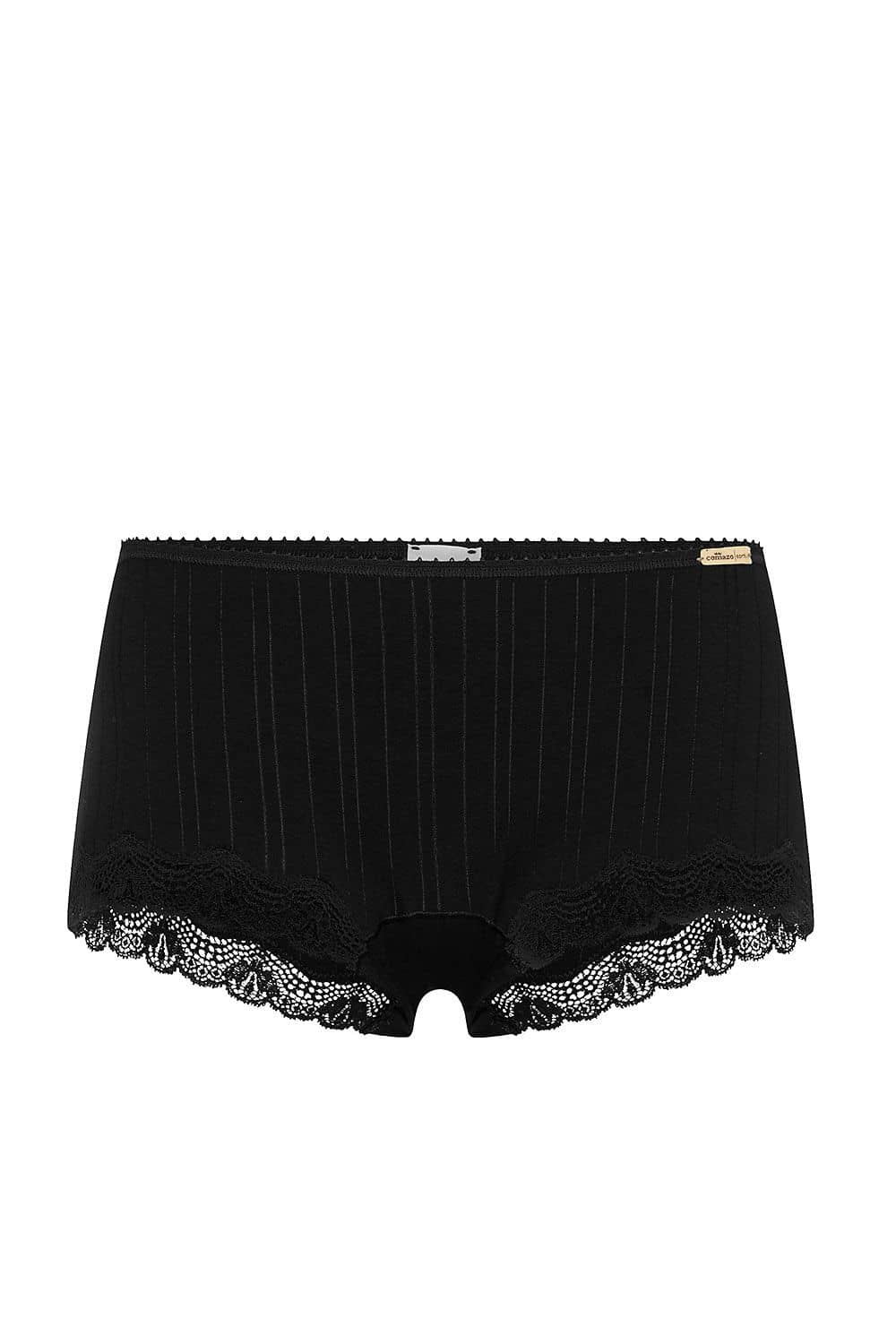 schwarze Spitzenunterhose aus bio Baumwolle (kbA) und Elasthan, Freisteller von vorne