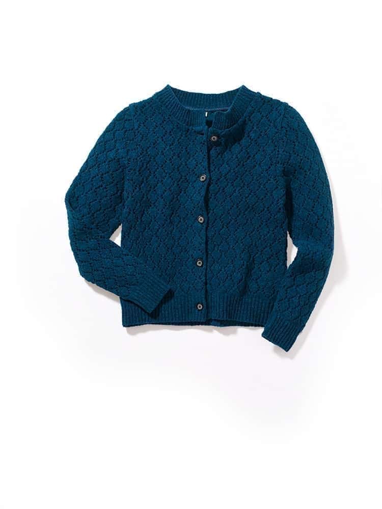 Blaue Strickjacke aus Bio-Wolle vom Finkhof mit Knopfleiste und Ajourmuster, Freisteller