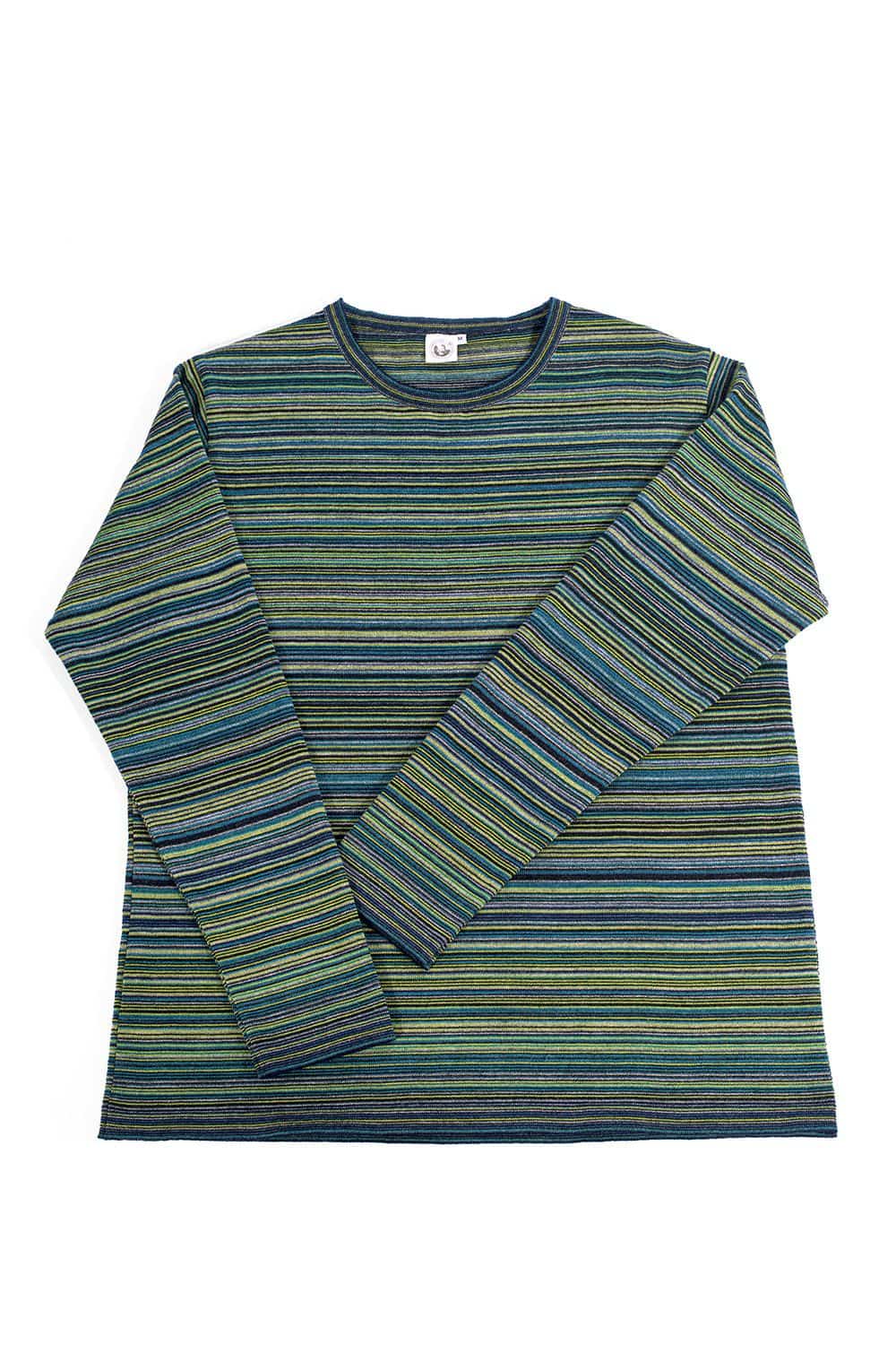 blau grünes Shirt mit Feinringel aus bio Wolle (kbT) vom Finkhof