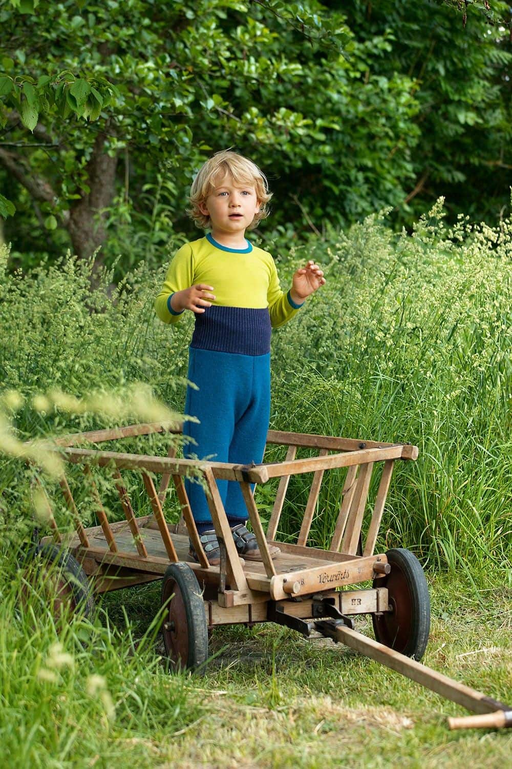 Kind steht in einem Leiterwagen und trägt ein grünes Shirt und eine indigoblaue Walkhose aus bio Wolle (kbT) vom Finkhof