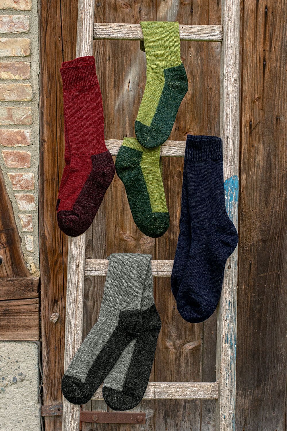 Trekking-Socken Trekkingsocken aus bio Wolle(kbT) und bio Baumwolle (kbA) in allen vier Farben als Paare über Leiter gehängt