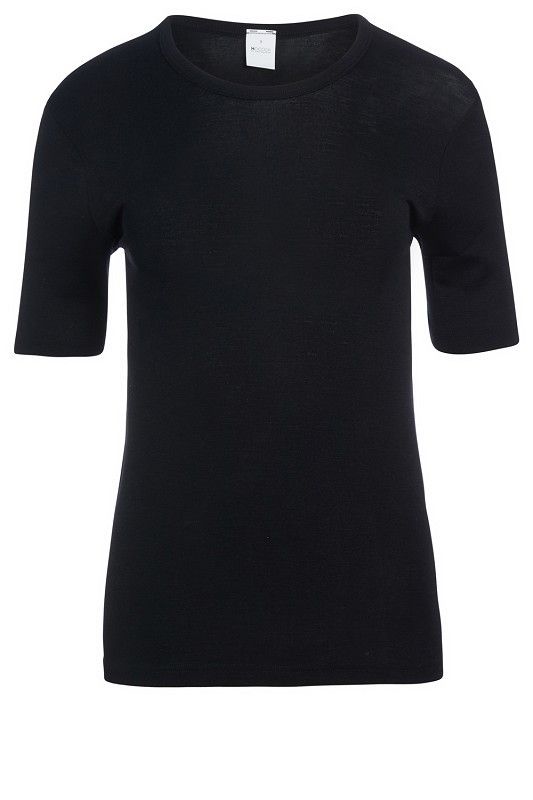 schwarzes Kurzarmhemd aus bio Wolle (kbT) und Seide für Frauen, Freisteller von vorne