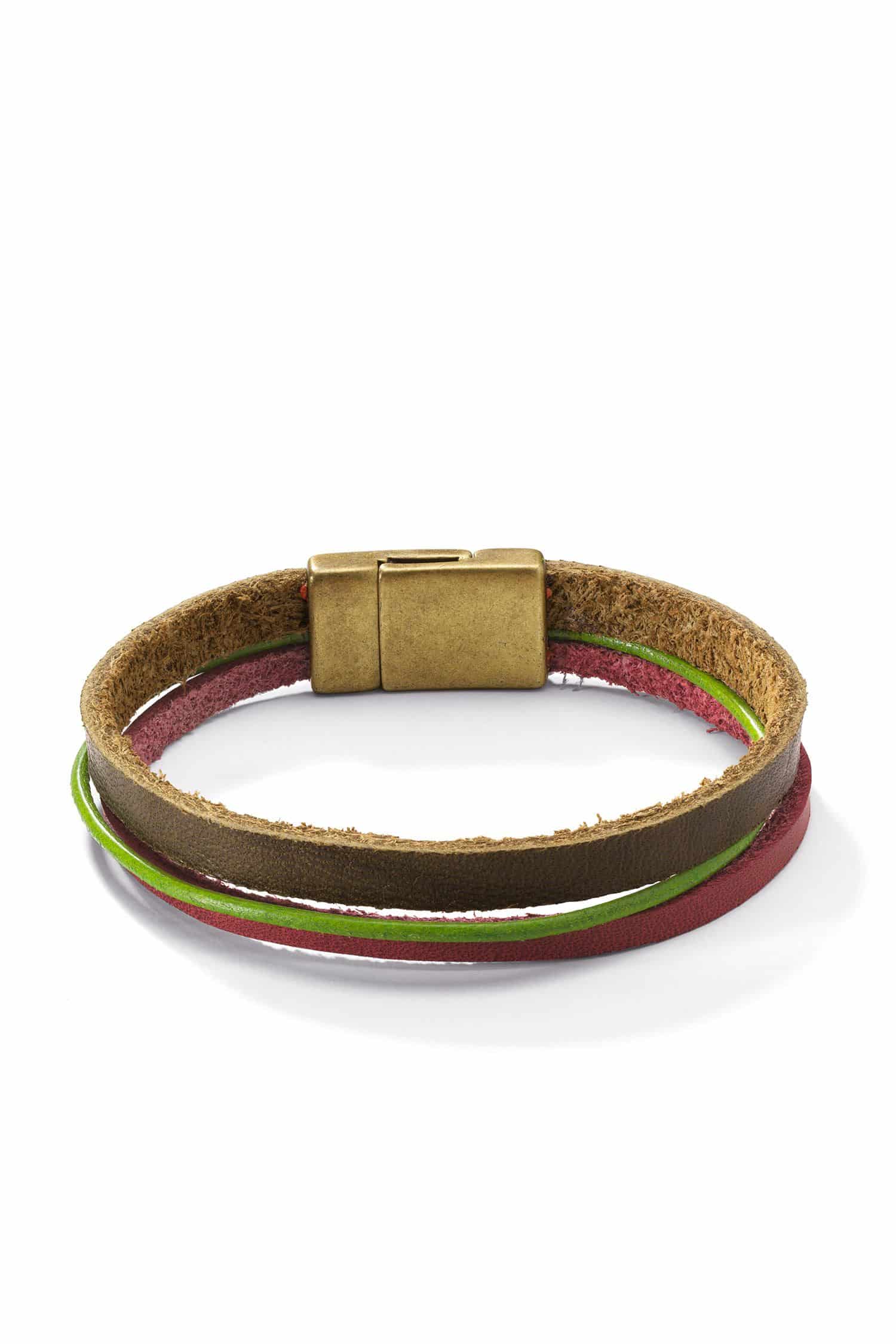 Lederarmband olive aus Rinds- und Ziegenleder in rot, braun, grün, Freisteller