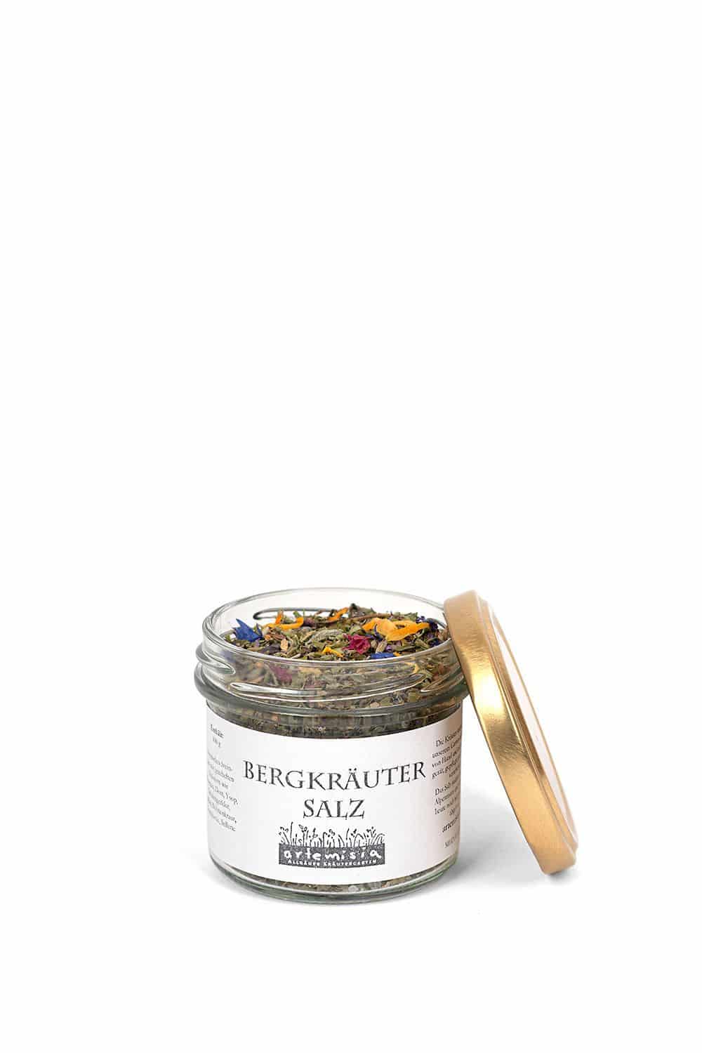 geöffnetes 80g Gläschen Bergkräutersalz in Bioland Qualität, Freisteller