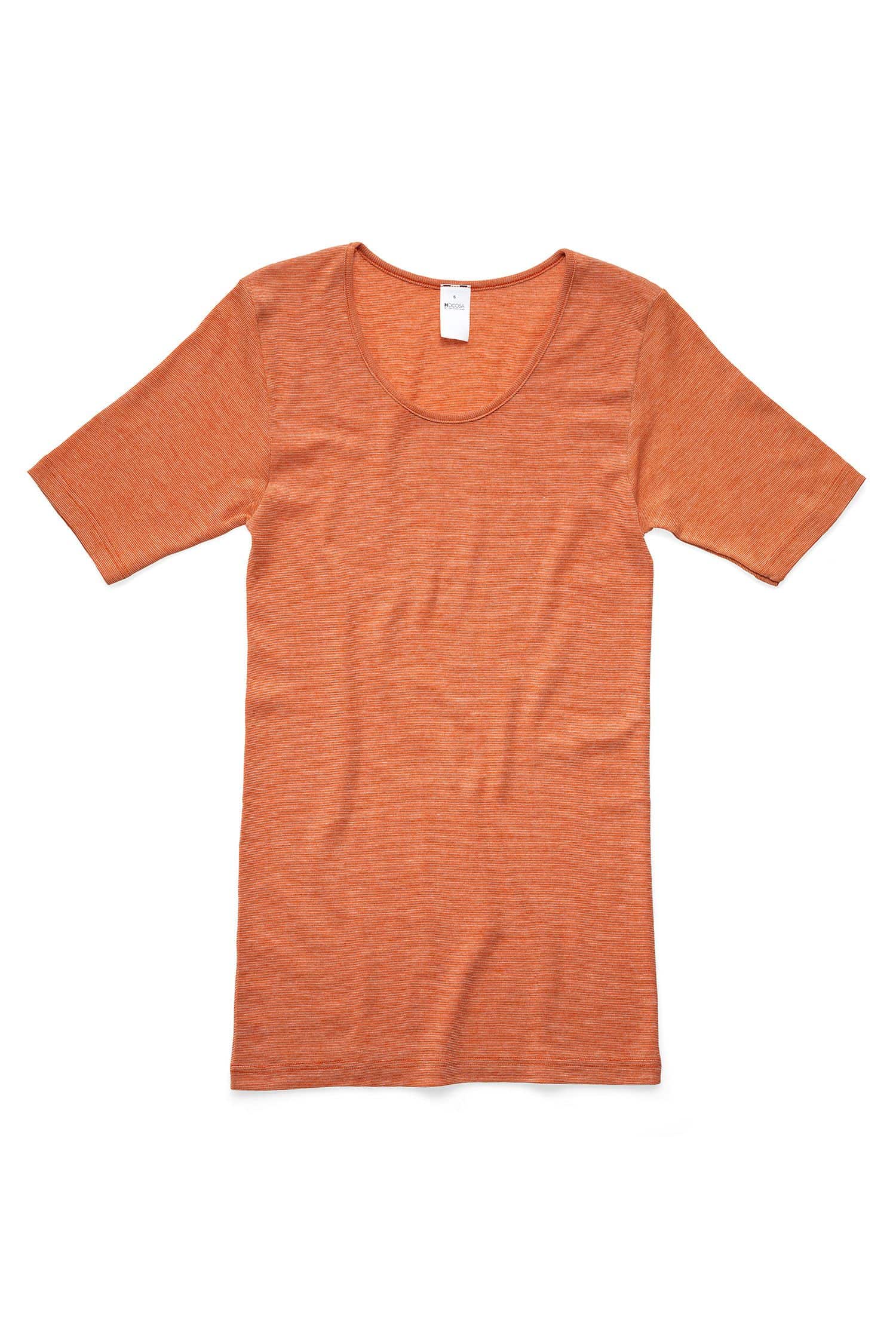 oranges Kurzarmshirt aus bio Baumwolle (kbA), bio Wolle (kbT) und Seide, Freisteller