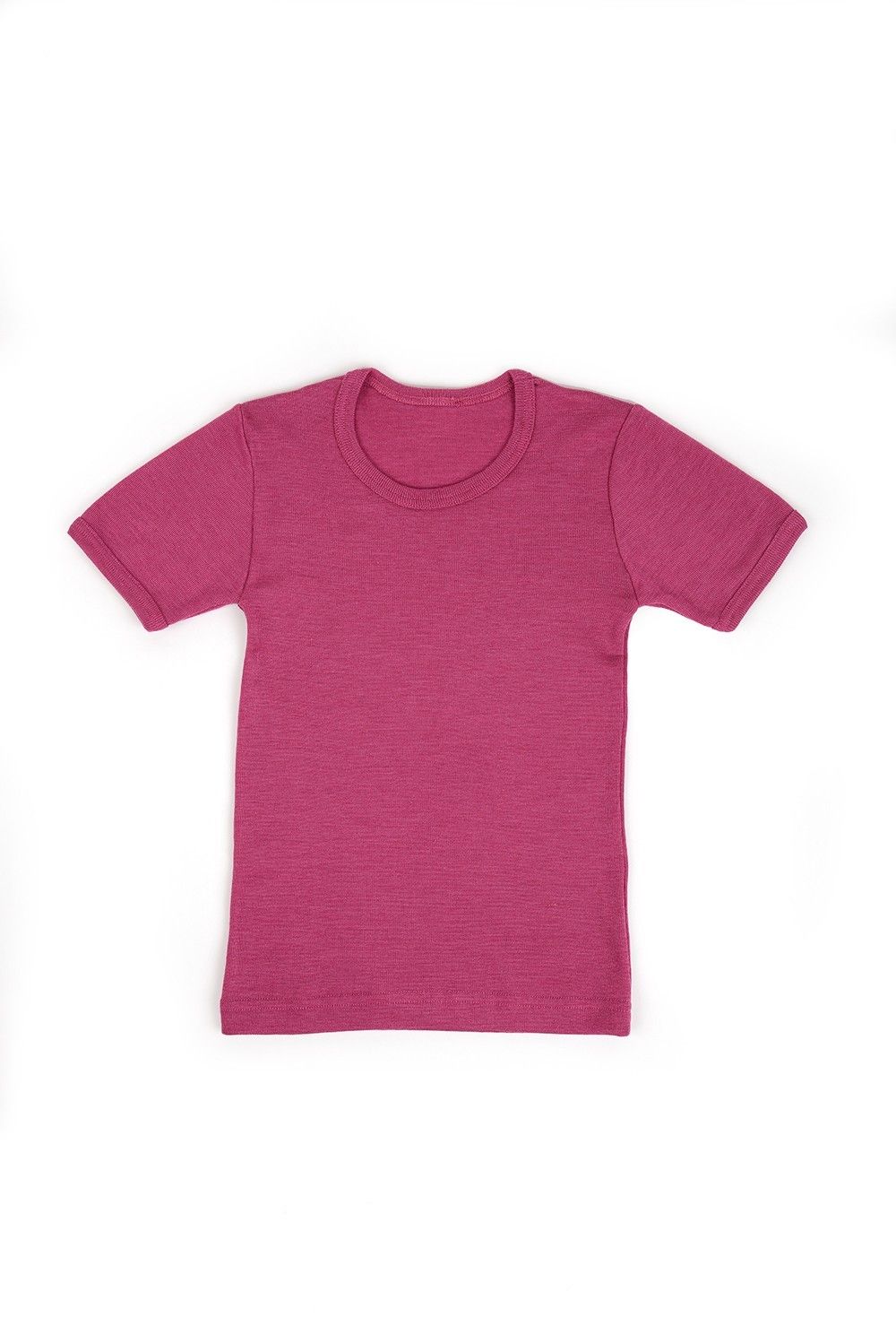 fuchsiafarbenes Kurzarmshirt aus bio Wolle (kbT) und Seide, Freisteller