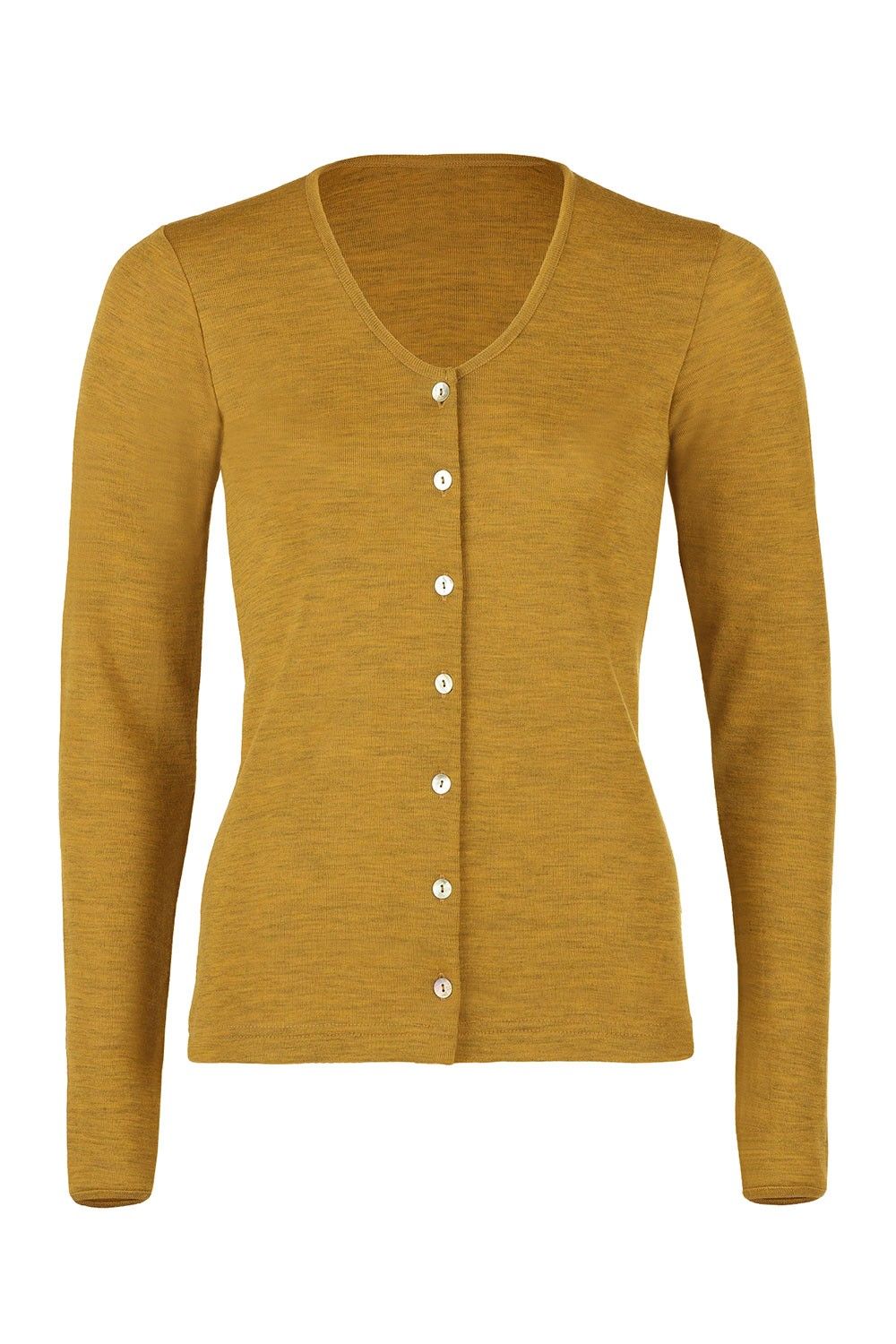 gelbmelierter Cardigan aus bio Wolle (kbT) mit Knopfleiste, Freisteller von vorne
