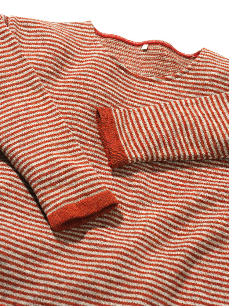 Finkhof-Damen-Ringelpulli aus reiner Bio-Schurwolle rot weiß gestreifter Pulli aus bio Wolle (kbT) vom Finkhof