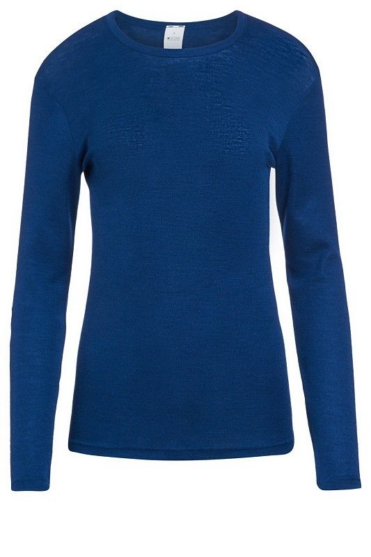 dunkelblaues Langarmhemd aus bio Wolle (kbT) und Seide für Frauen, Freisteller von vorne